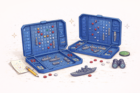 Two Battleship-style grid boards with ships, colored markers, and binoculars.
